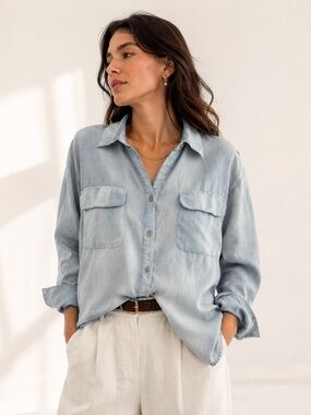 Gemma 100% Silk Blouse Women's Light Blue Button Front Long Sleeve Shirt Size L